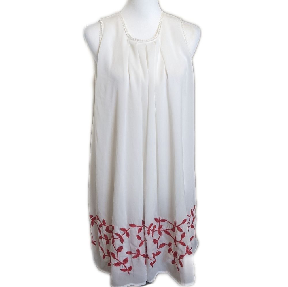 Umgee gauzy lined flowy white sleeveless dress w/ red leaf vine embroidery L